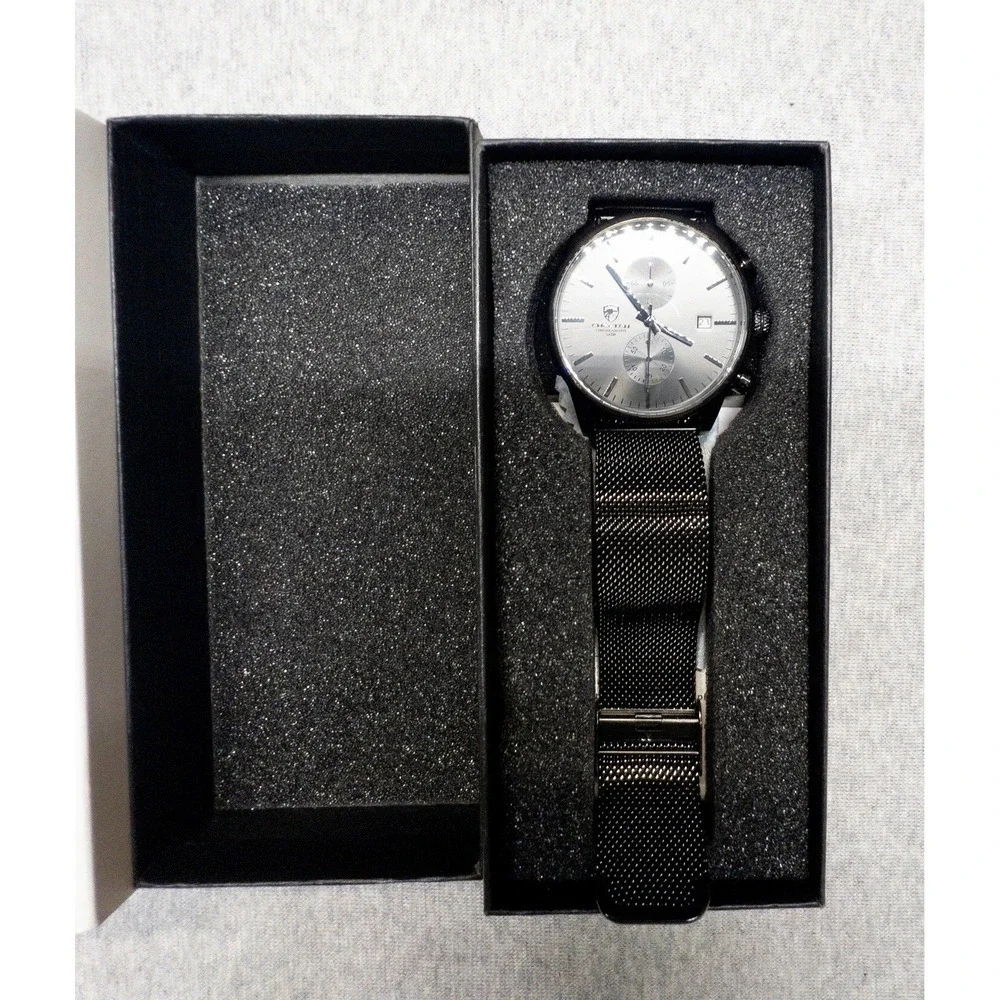 NIB Cheetah CH-1604 Mens Sport Black Mesh Stainless Steel Chronograph Watch 42mm